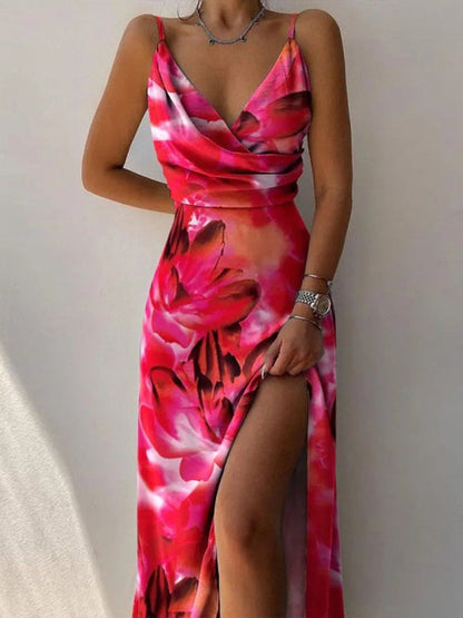 Deep V Neck Surplice Spaghetti Strap Satin Floral Print Side Slit Maxi Dress
