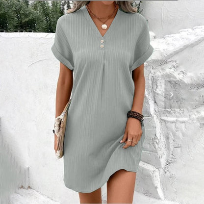 Rib Knit V-Neck Button Placket Cuffed Sleeve Shift Mini Dress