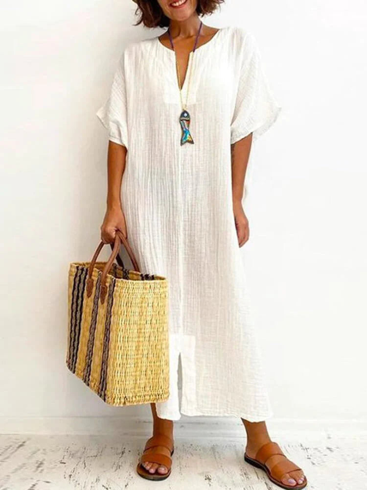 Split V Neck Short Sleeve Crinkled Relaxed Fit Maxi Dress