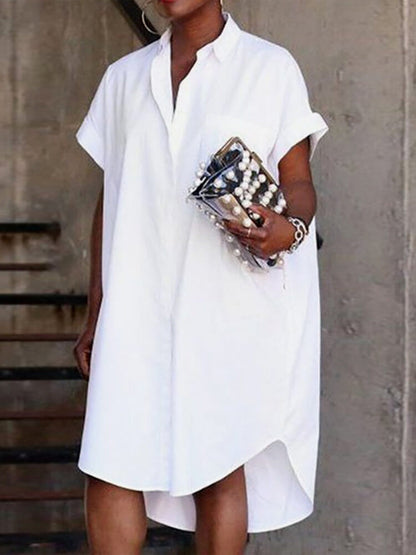 Collared V Neck Chest Pocket Curved Hem Oversized Shirt Midi Dress