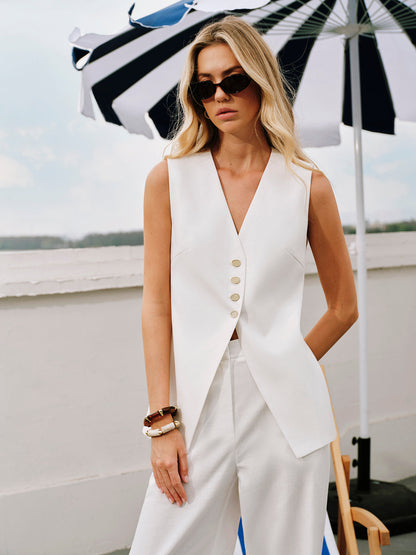 Sleeveless Linen Cotton Vest for Women – Stylish Gilet with Button Closure