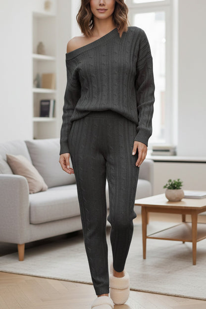 Sloping Shoulder Cable Knit Pants Set