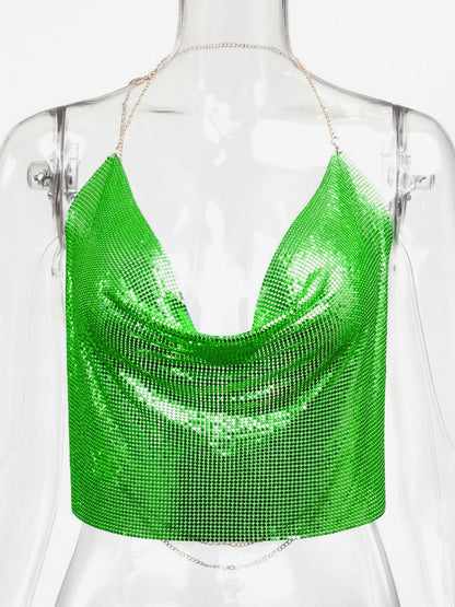 Sexy Straps Halter Metal Tops Sequin Clubwear Tops Sliver Sleeveless Spaghetti Straps Cami Draped Crop For Women