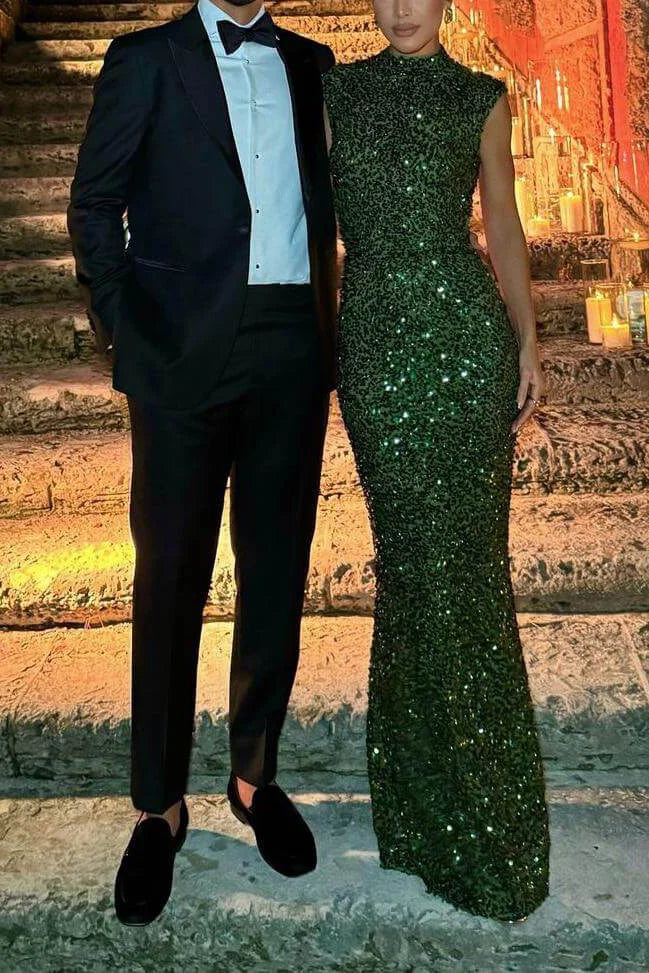 High Neck Open Back Sequin Column Maxi Gown