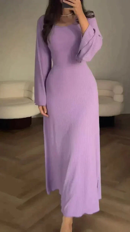 Scoop Neck Ribbed Knit Bell Sleeve Bodycon Midi Dress