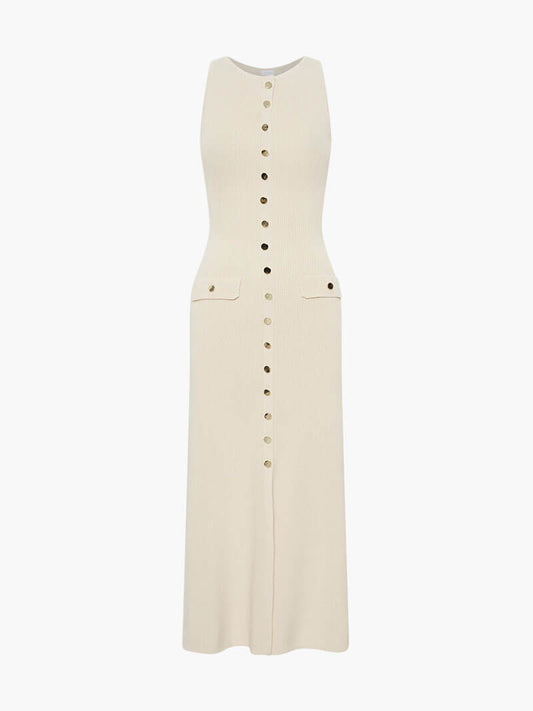 Rib Knit Crew Neck Button Front Flap Pocket Sleeveless Midi Dress