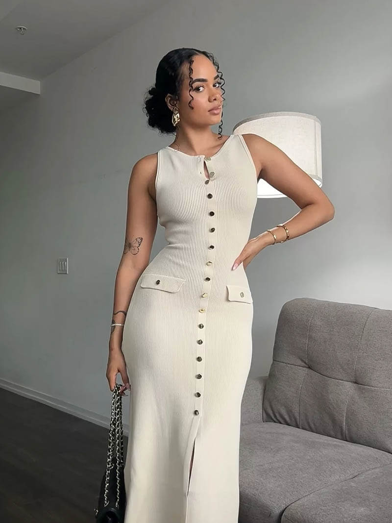 Scoop Neck Rib Knit Button Front Flap Pocket Center Slit Sleeveless Maxi Dress