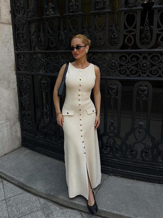 Scoop Neck Rib Knit Button Front Flap Pocket Center Slit Sleeveless Maxi Dress