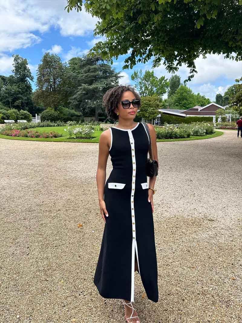 Rib Knit Crew Neck Button Front Flap Pocket Sleeveless Midi Dress