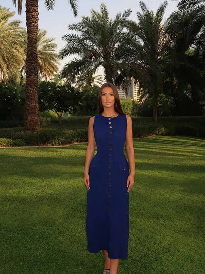 Rib Knit Crew Neck Button Front Flap Pocket Sleeveless Midi Dress