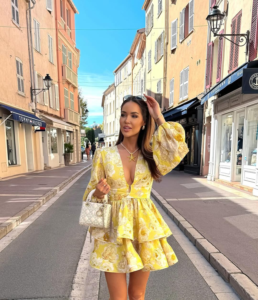| Baroque Print Tiered Mini Dress