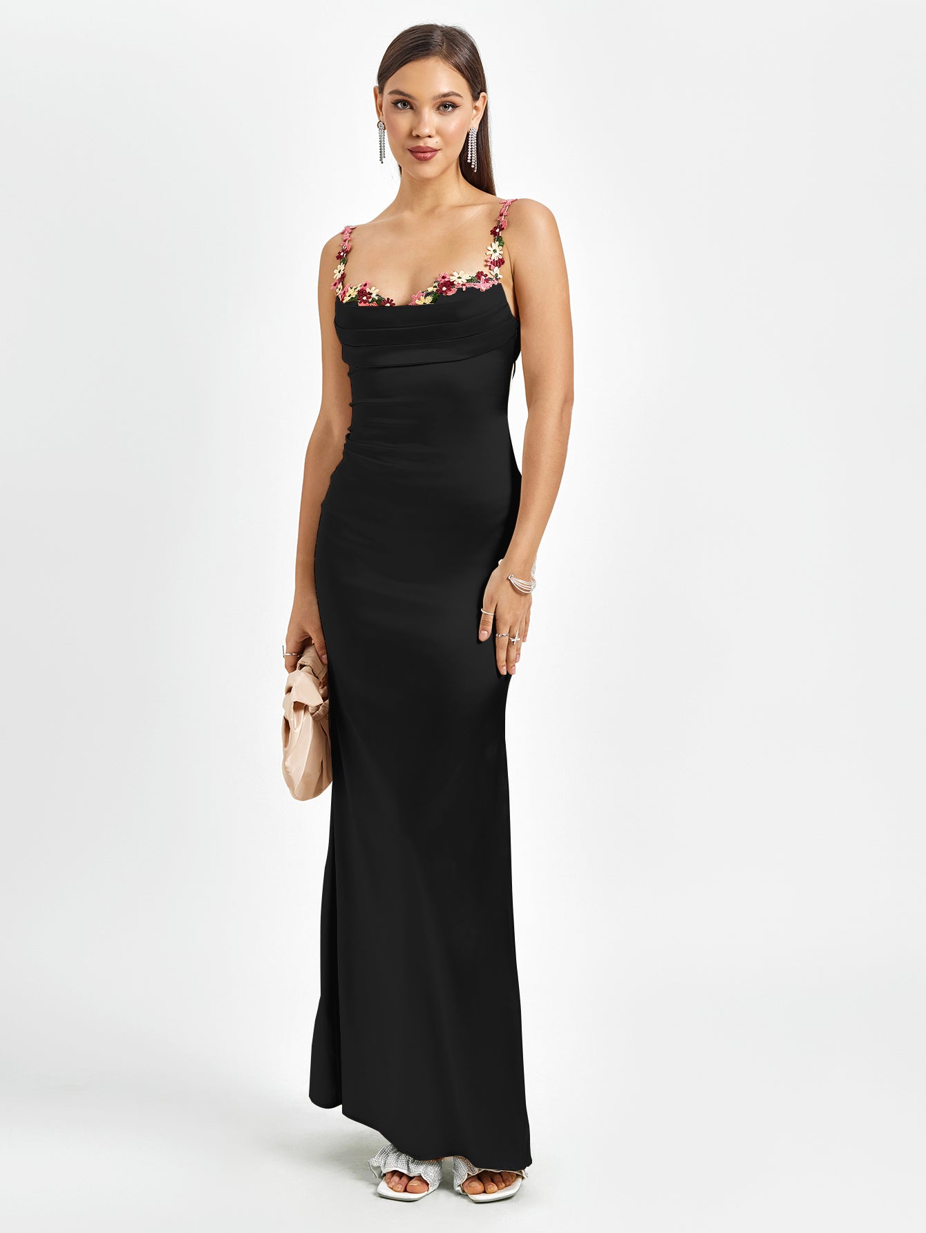 | Floral Strap Detail Satin Maxi Dress