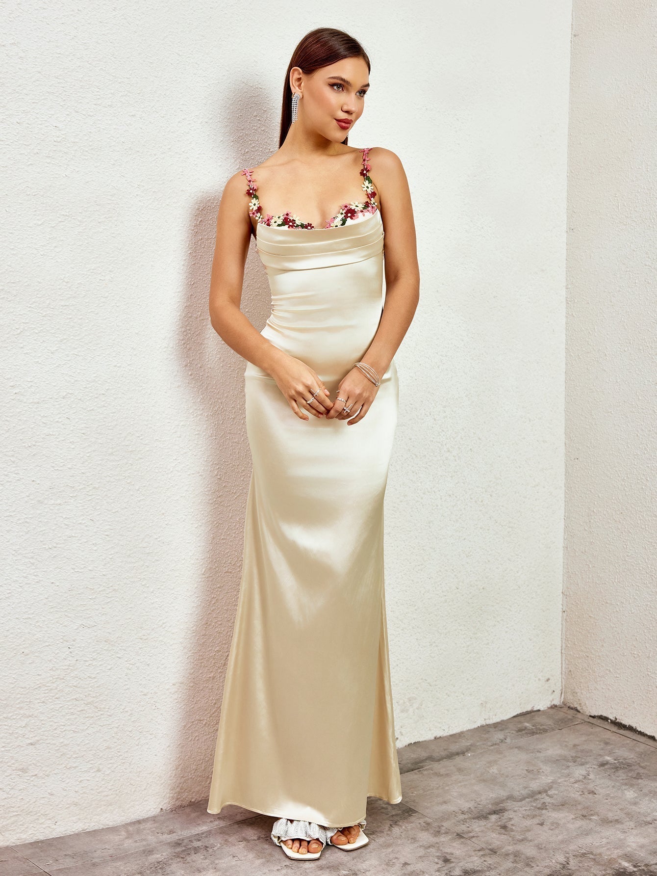| Floral Strap Detail Satin Maxi Dress
