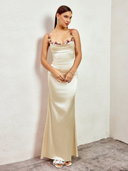| Floral Strap Detail Satin Maxi Dress