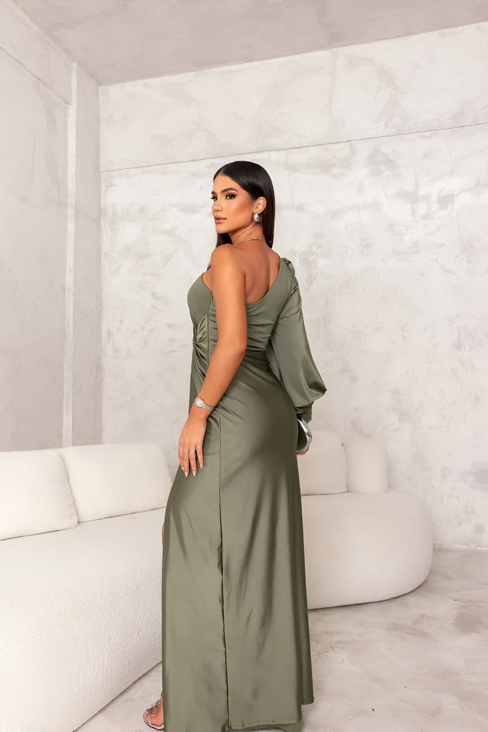 | Draped Sleeve One-Shoulder Maxi Dress