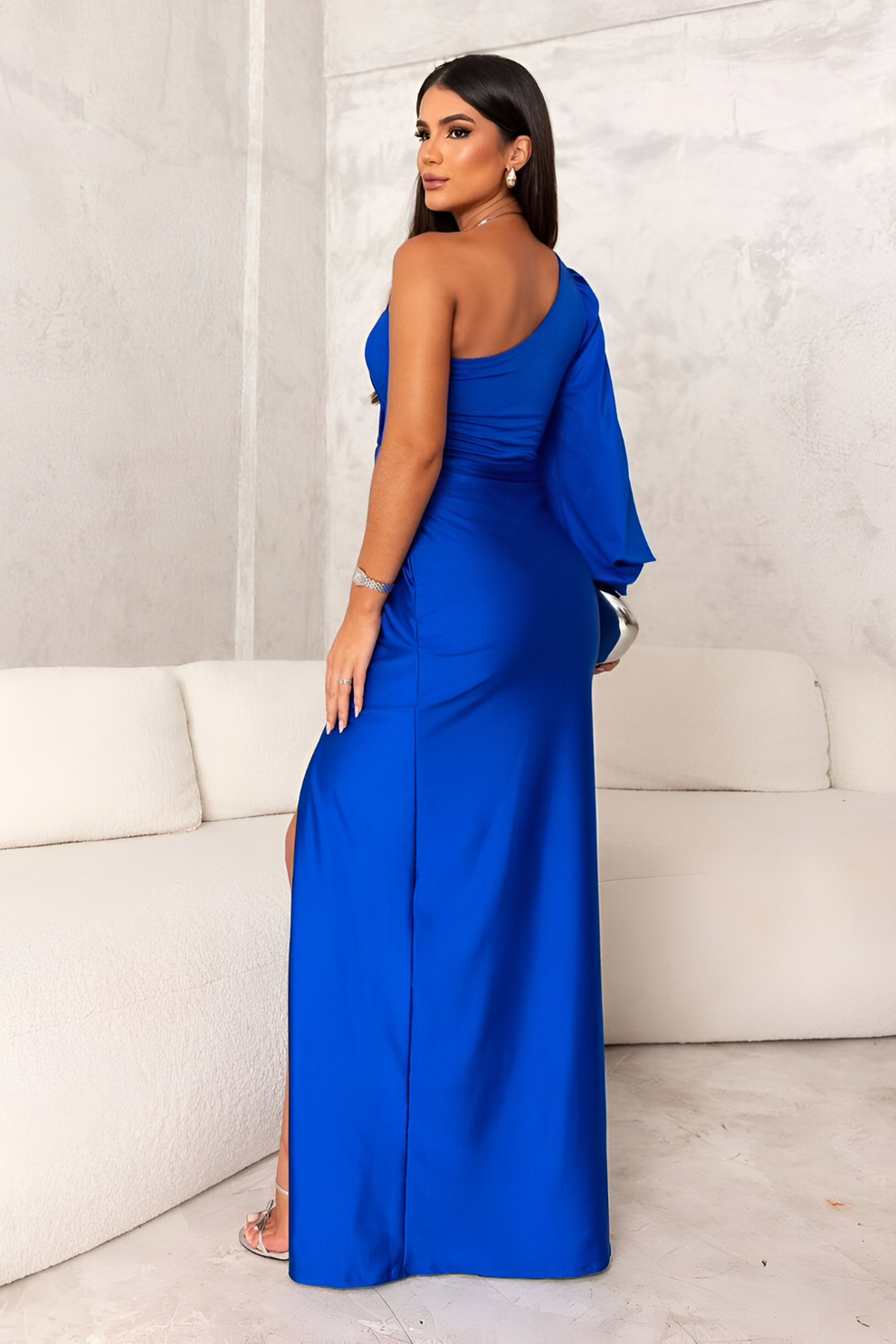 | Draped Sleeve One-Shoulder Maxi Dress