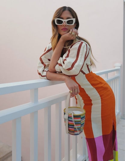 | Retro Stripe Mix Midi Tie-Front Dress