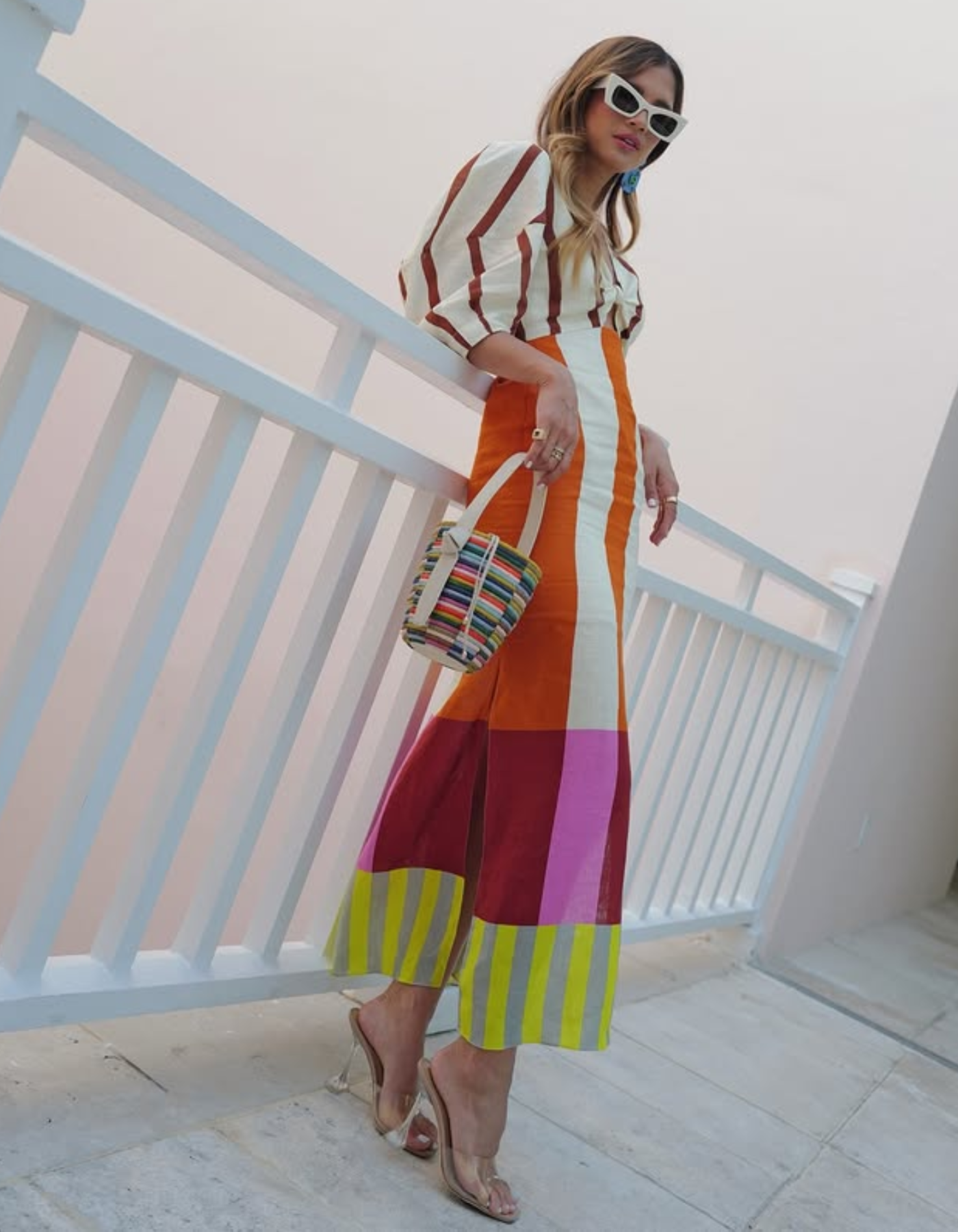 | Retro Stripe Mix Midi Tie-Front Dress