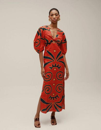 | Retro Stripe Mix Midi Tie-Front Dress