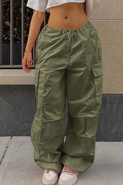 Solid Color High Waist Cargo Pants
