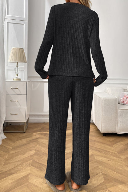Solid Color Ribbed Long Sleeve Two-piece Sets