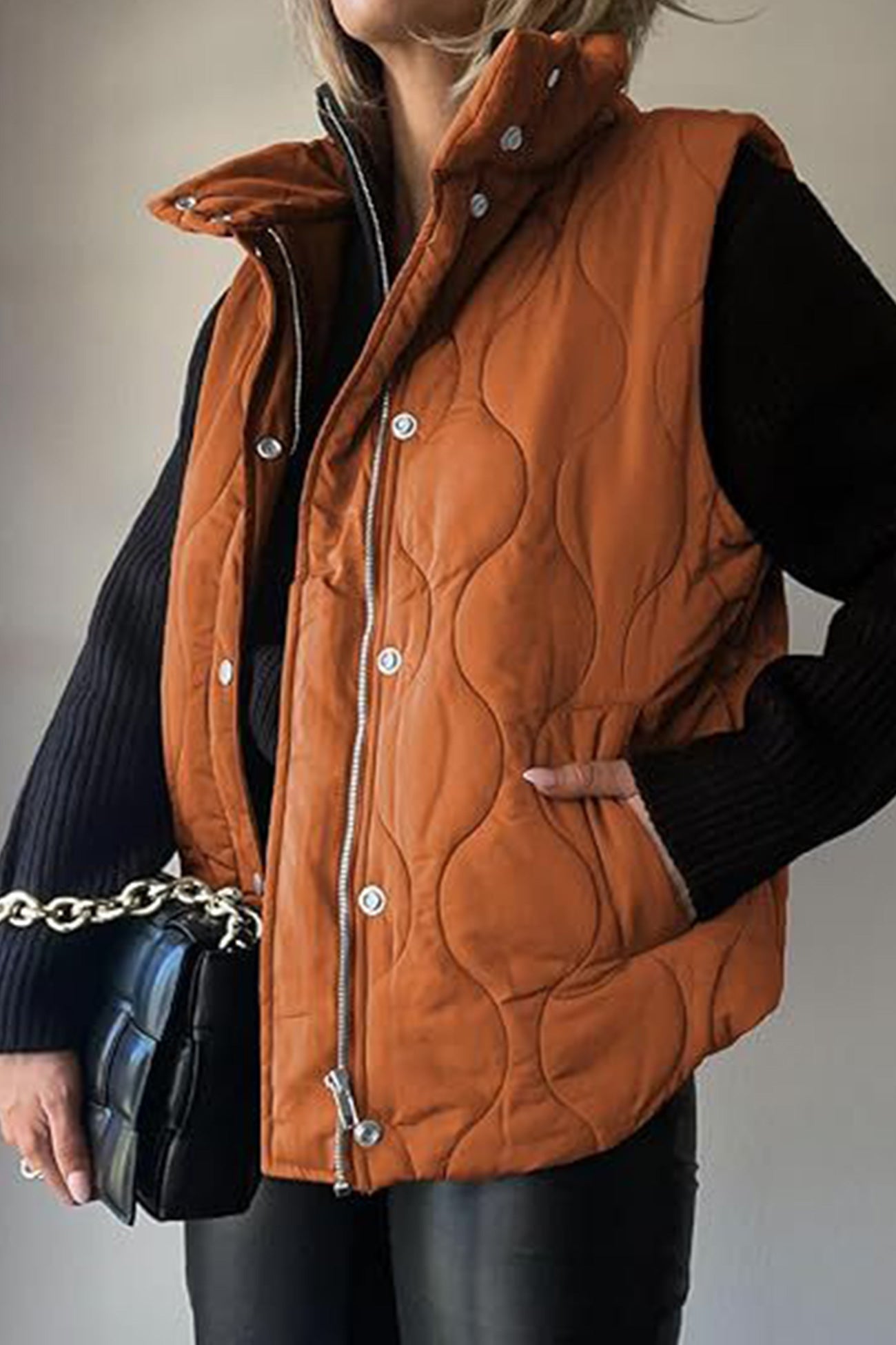 Solid Color Sleeveless Zipper Vest with Buttons