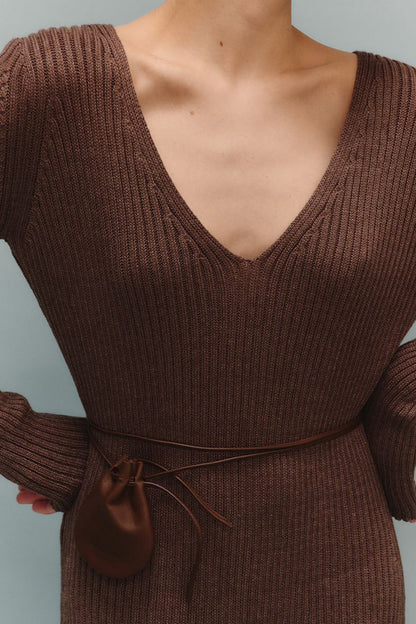 Solid Color V Neck Knitted Bodycon Maxi Dress
