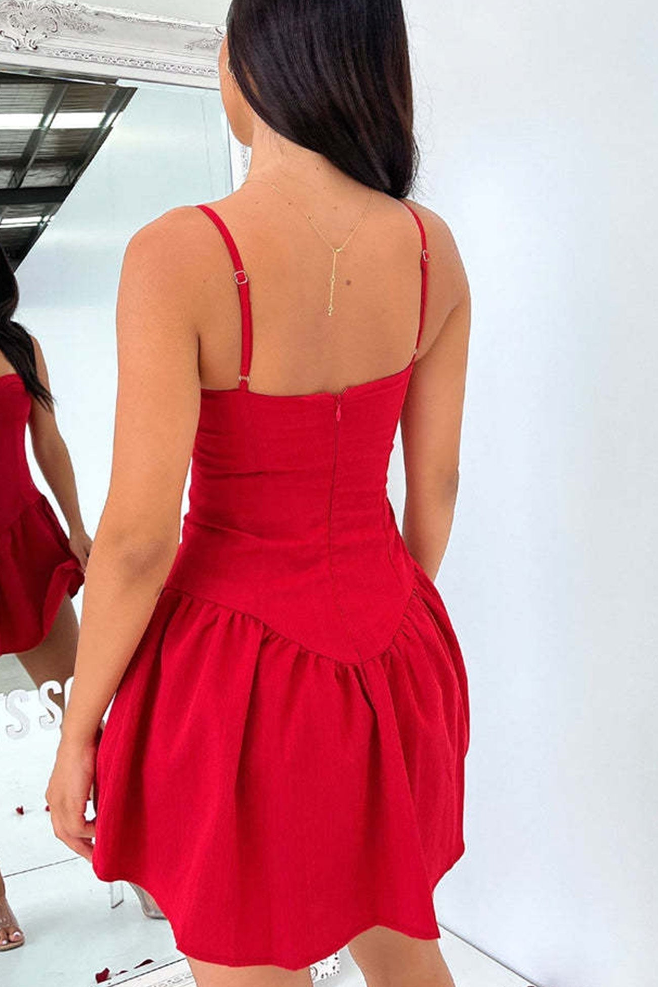 Sweetheart Neck Corset Bustier Spaghetti Strap Basque Waist Ruched Skater Mini Dress