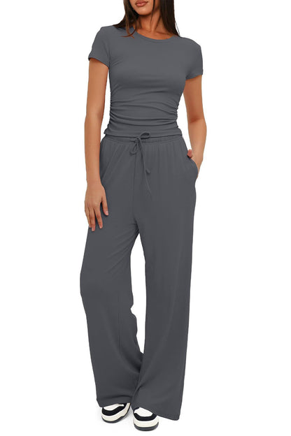 Solid Crew Neck Cotton T-shirt Pants Suits