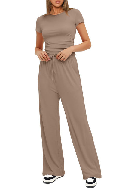 Solid Crew Neck Cotton T-shirt Pants Suits