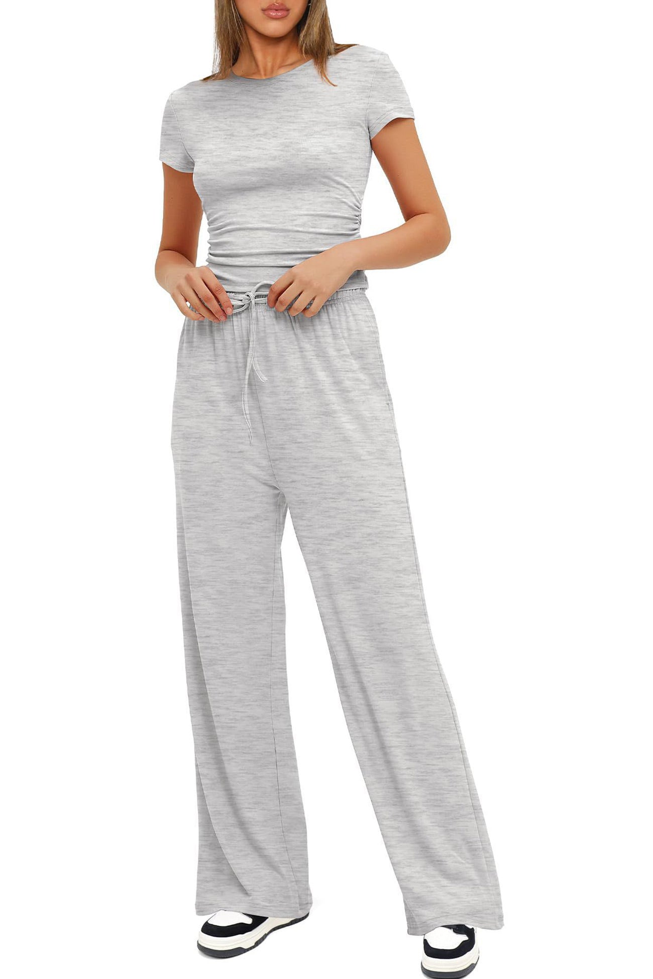 Solid Crew Neck Cotton T-shirt Pants Suits
