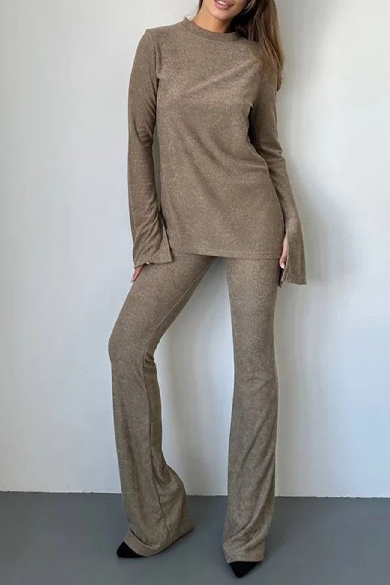 Solid Flare Sleeve Knit Tops Long Pants Set