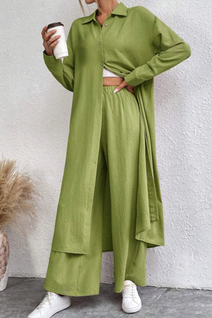 Solid Long Shirt Wide Leg Pants Set