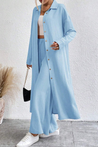 Solid Long Shirt Wide Leg Pants Set