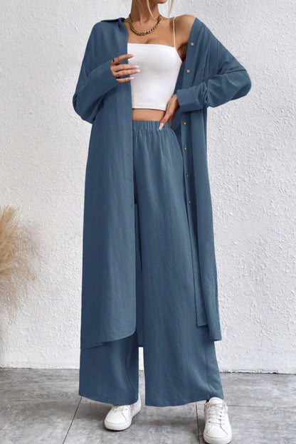 Solid Long Shirt Wide Leg Pants Set