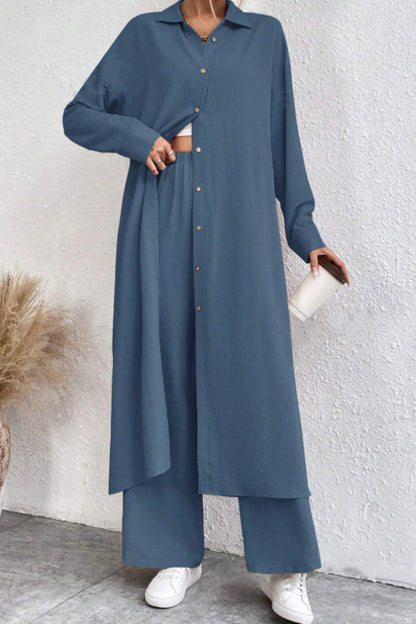Solid Long Shirt Wide Leg Pants Set