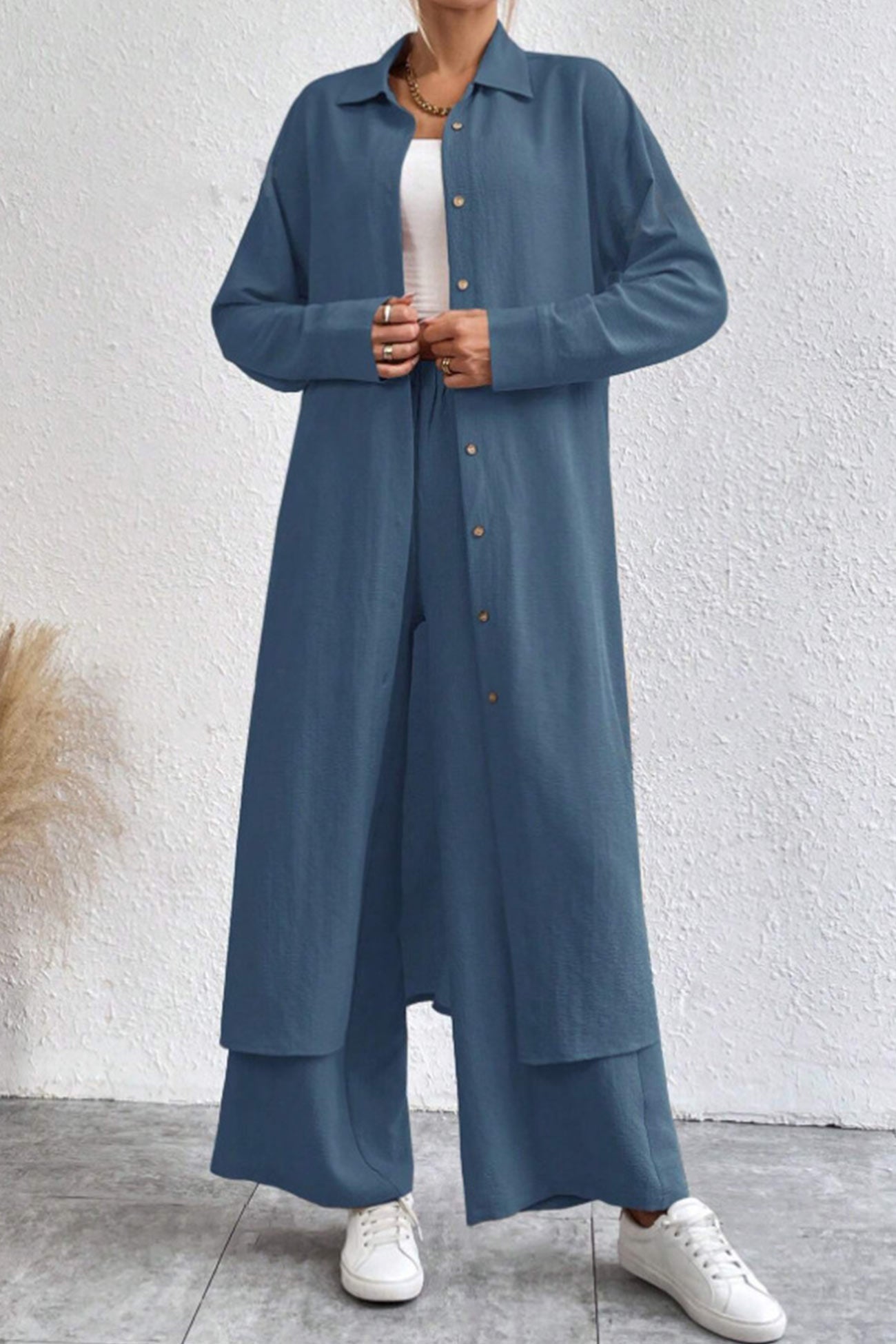 Solid Long Shirt Wide Leg Pants Set