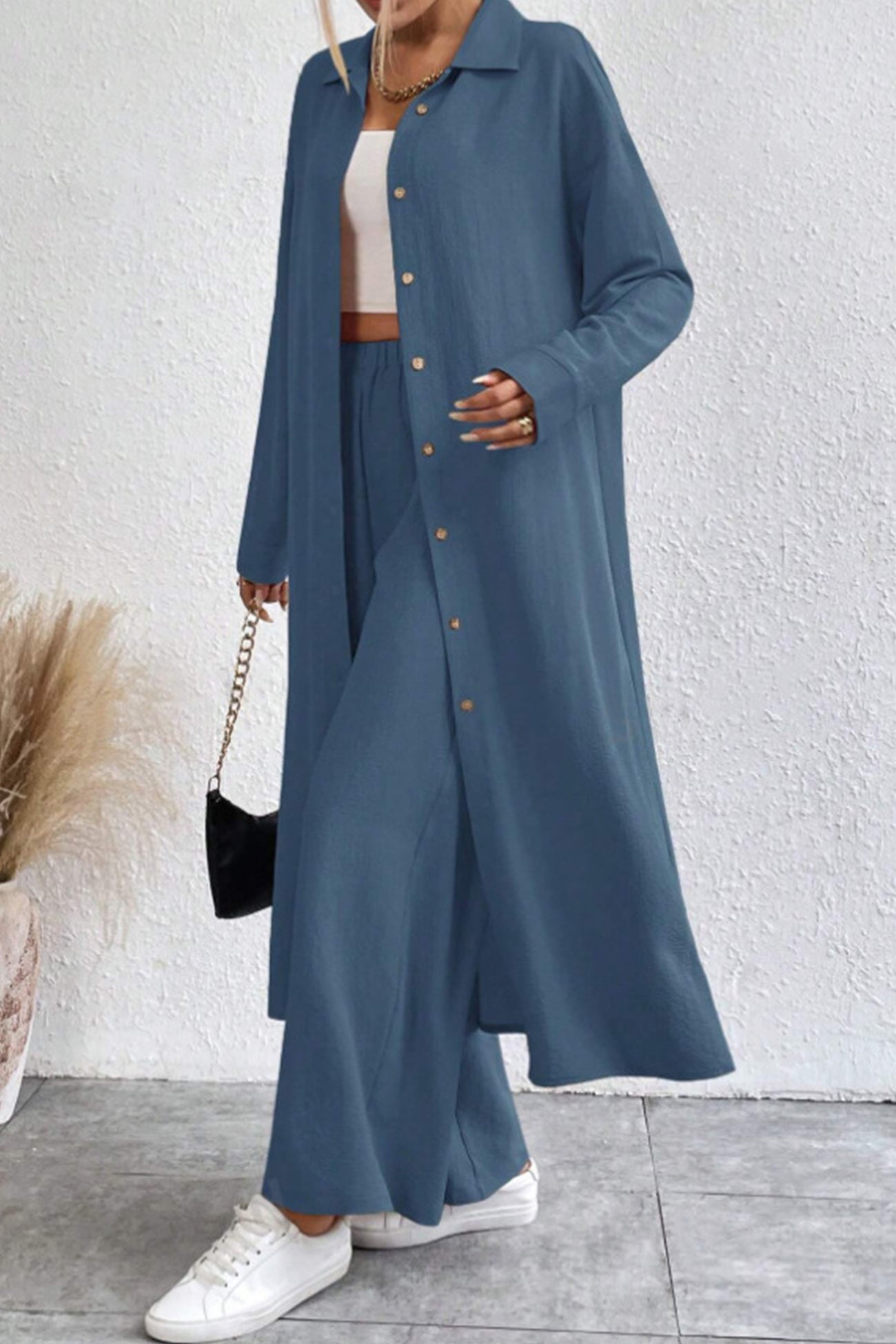 Solid Long Shirt Wide Leg Pants Set