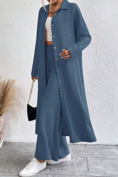Solid Long Shirt Wide Leg Pants Set