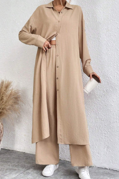 Solid Long Shirt Wide Leg Pants Set