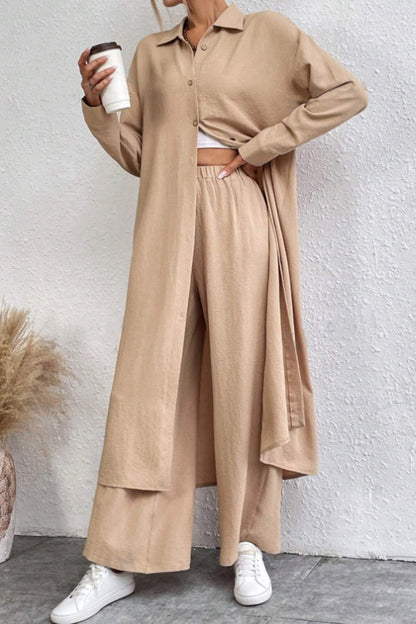 Solid Long Shirt Wide Leg Pants Set