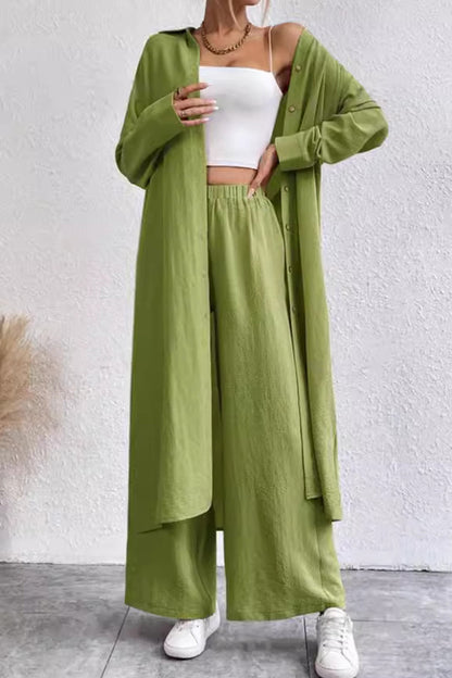 Solid Long Shirt Wide Leg Pants Set