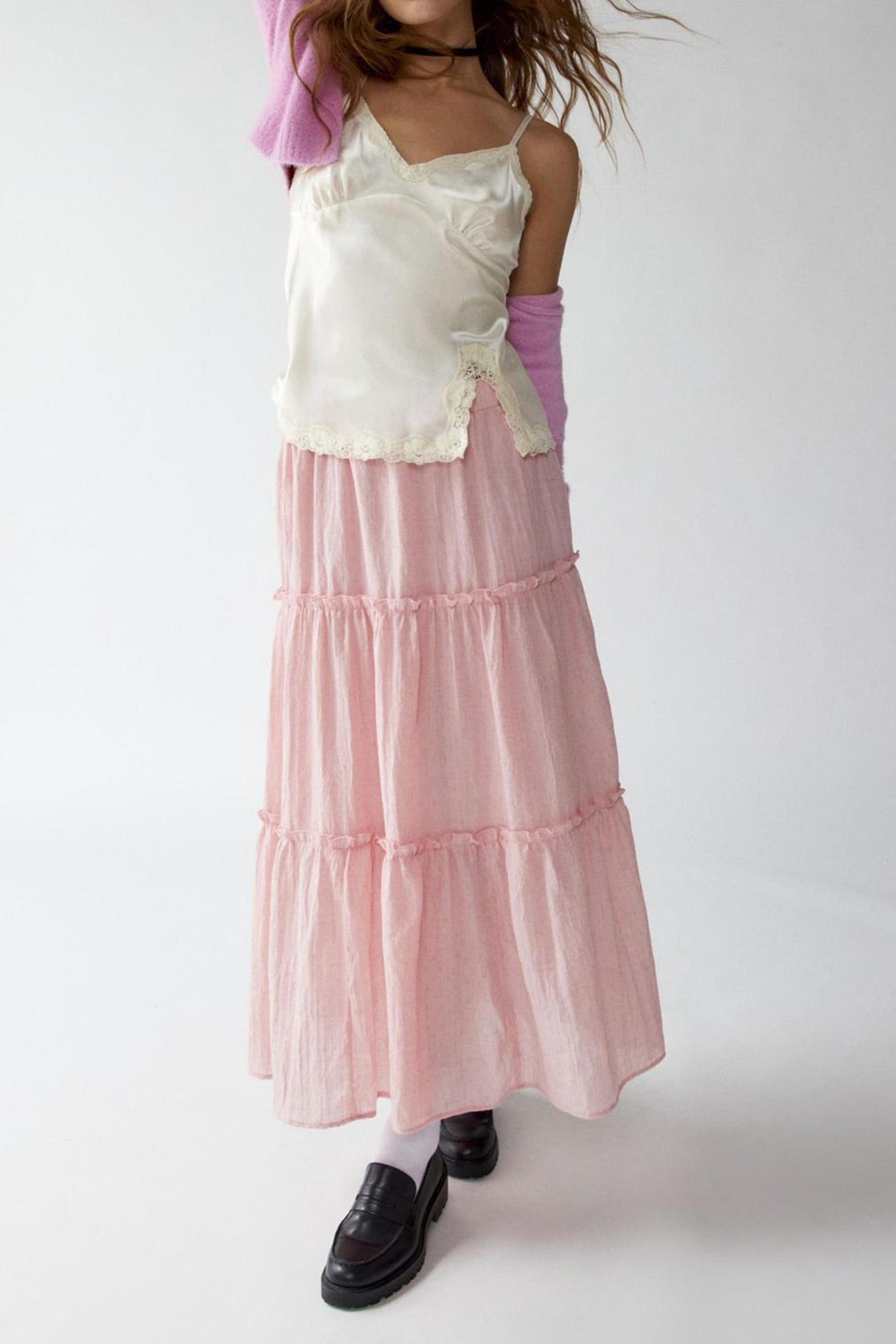 Solid Ruched Tiered Midi Skirt