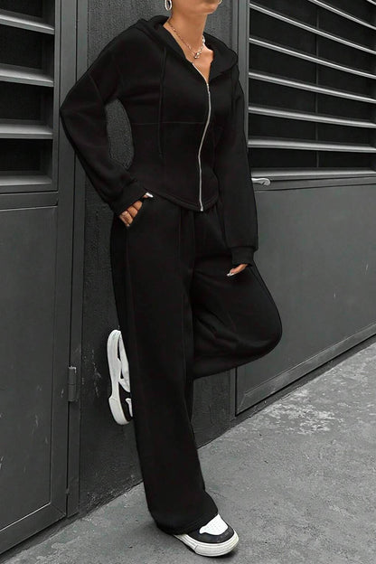 Solid Slim Fit Hoodie Pants Suits