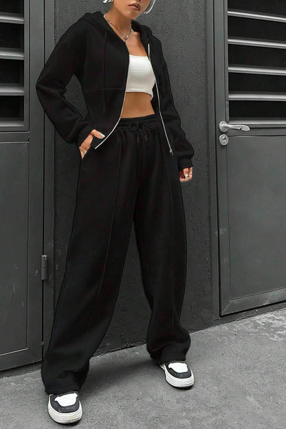 Solid Slim Fit Hoodie Pants Suits