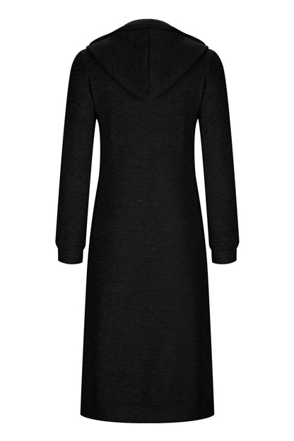 Solid Zip Up Drawstring Hooded Long Cardigan