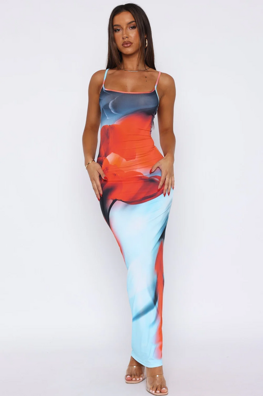 | Fluid Abstract Gradient Spaghetti Strap Maxi Dress