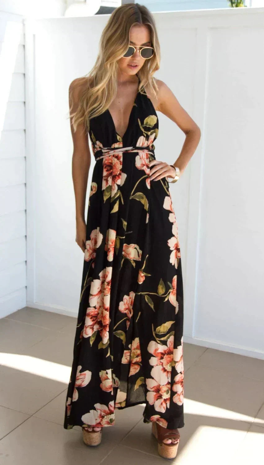 Floral Print Plunging V-Neck Halter Empire Waist Maxi Dress