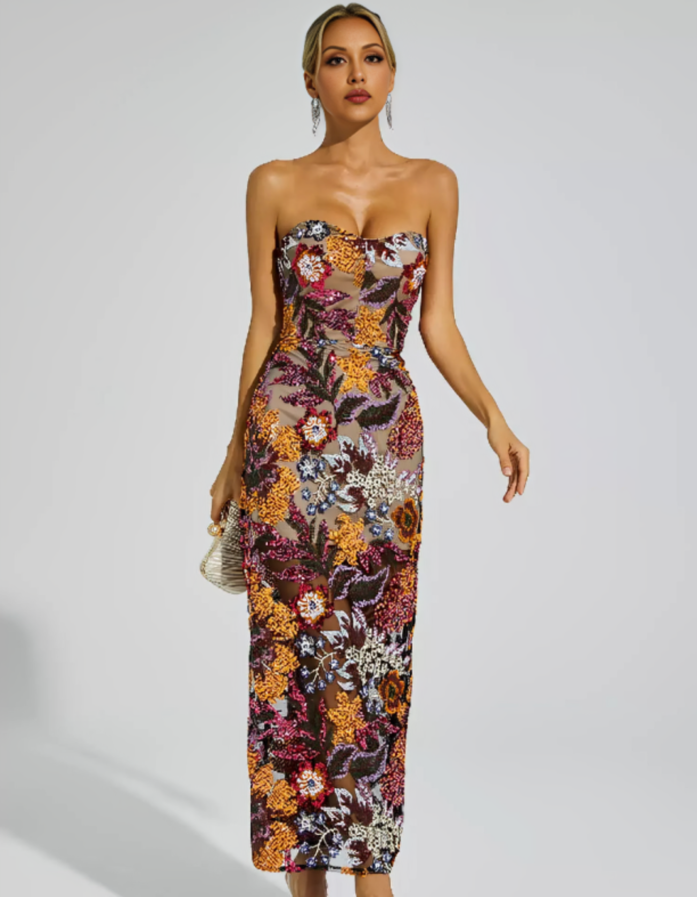 | Embroidered Illusion Strapless Evening Dress