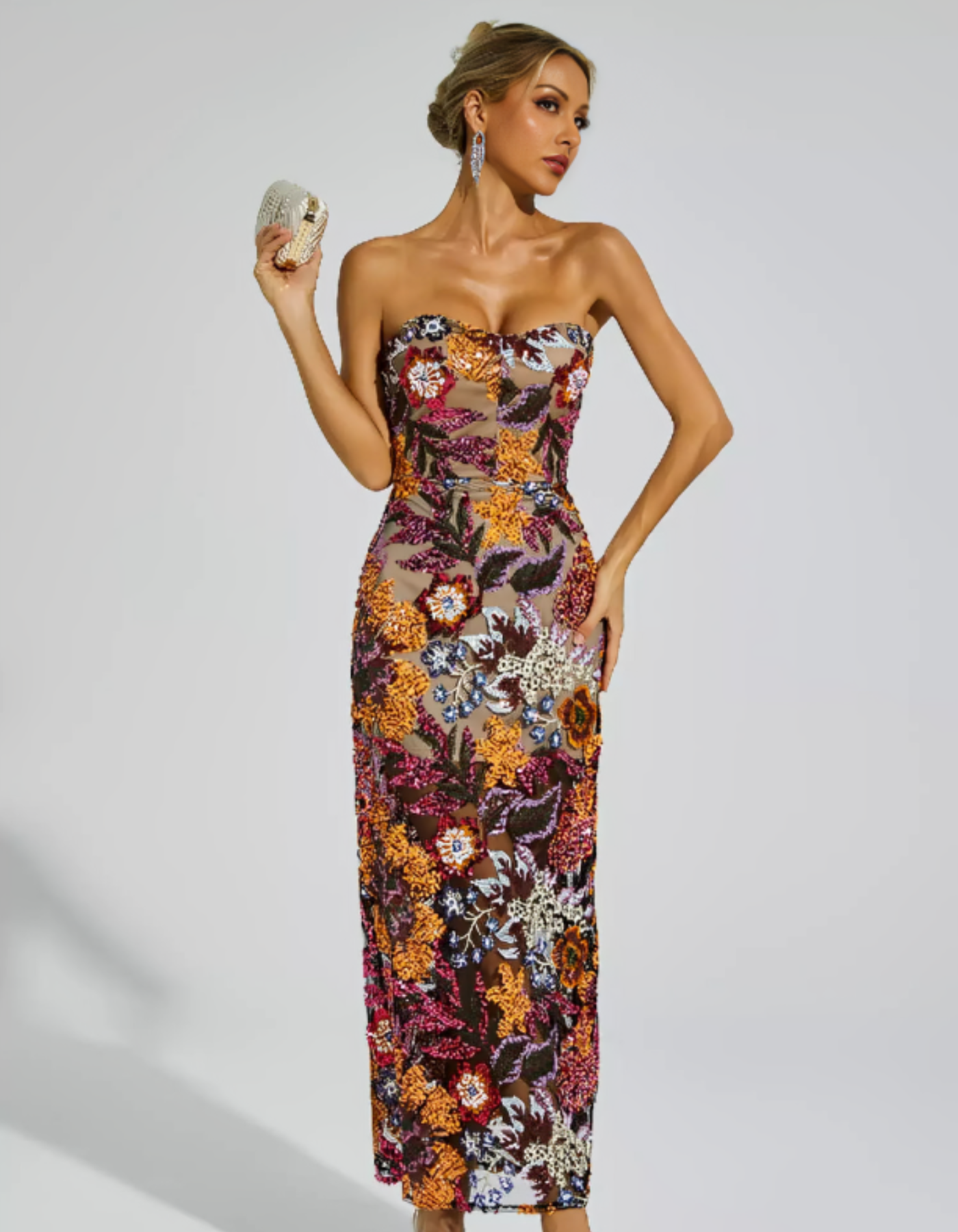 | Embroidered Illusion Strapless Evening Dress